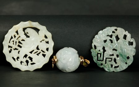 2 Chinese Icy Jadeite Pendants; 1 White Hard Stone