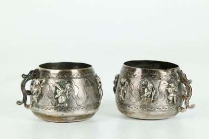 Pr Chinese 19th C Single Handle Silver Wine Cups