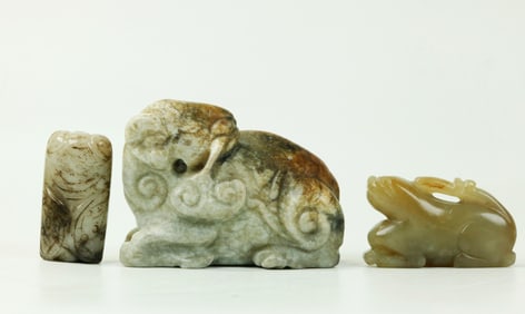 2 Chinese Jade or Hard Stone Toggles 1 Cicada Bead