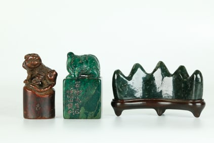 3 Chinese Qing Scholar's 2 Seals, Brush Rest