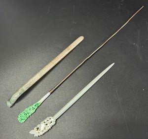 Fine Chinese 18th C White Jade Hairpin; 2 Jadeite