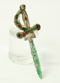 Chinese Green Jadeite Ruby & Silver Dagger Pin