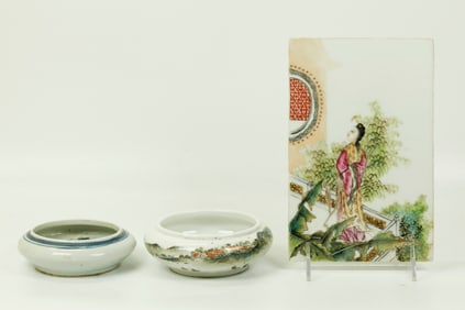 3 Chinese Enamel Porcelains 2 Washers 1 Plaque