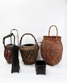 3 Japanese Bamboo Ikebana Baskets; 2 Bronze