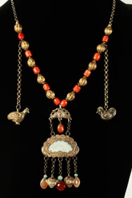 Chinese 19th C Gilt Silver Coral Jadeite Necklace