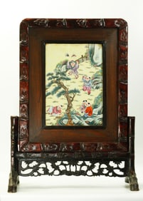 Chinese Enamel Porcelain, Hard Wood Table Screen