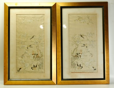 Pr Chinese Qing Embroidered Bird & Garden Panels