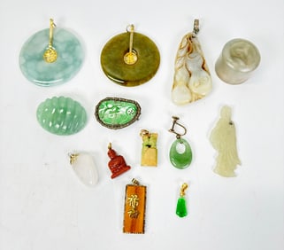 13 Chinese Jade Jadeite Hard Stone & 14K Pendants