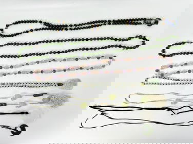 7 Chinese Jade / Hard Stone Bead Necklaces