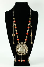 Chinese 19 C Silver Peach, Bat & Coral Necklace