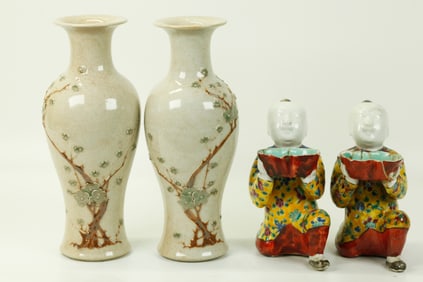Pr Chinese Crackle Porcelain Vases 2 Kneeling Boys