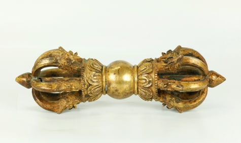 Lg Tibetan Gilt Bronze Vajra with Incised Details