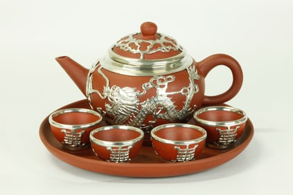 Chinese Yixing Zisha & Pewter Teapot 4 Cups Tray