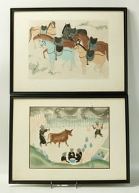 2 Chinese Block Prints; Water Buffalo & Horses