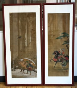 2 Japanese 19 C Silk Paintings Samurai & Travelers