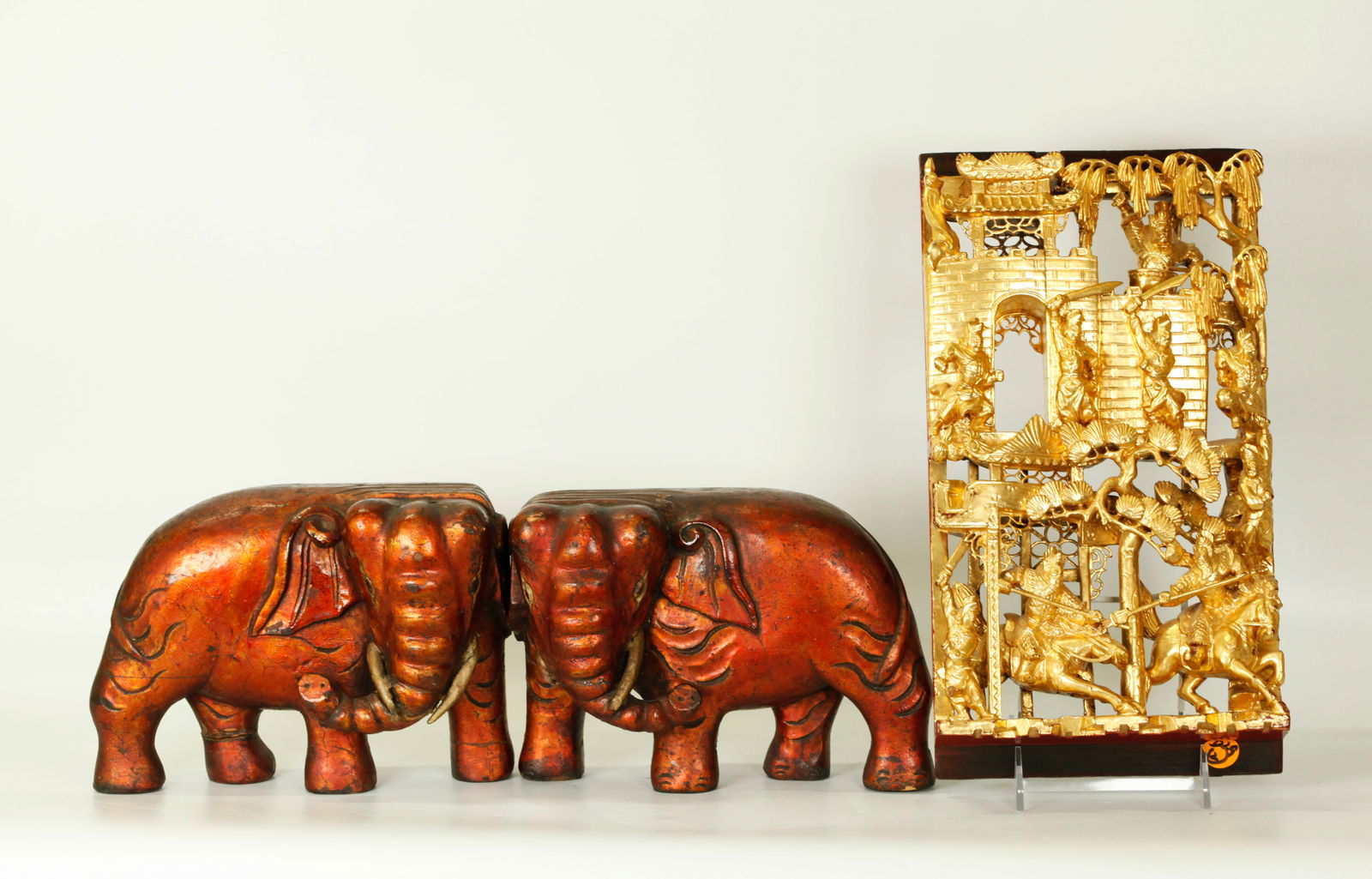 Chinese Gold Lacquer Wood Plaque, Pr Elephants (1 of 5)