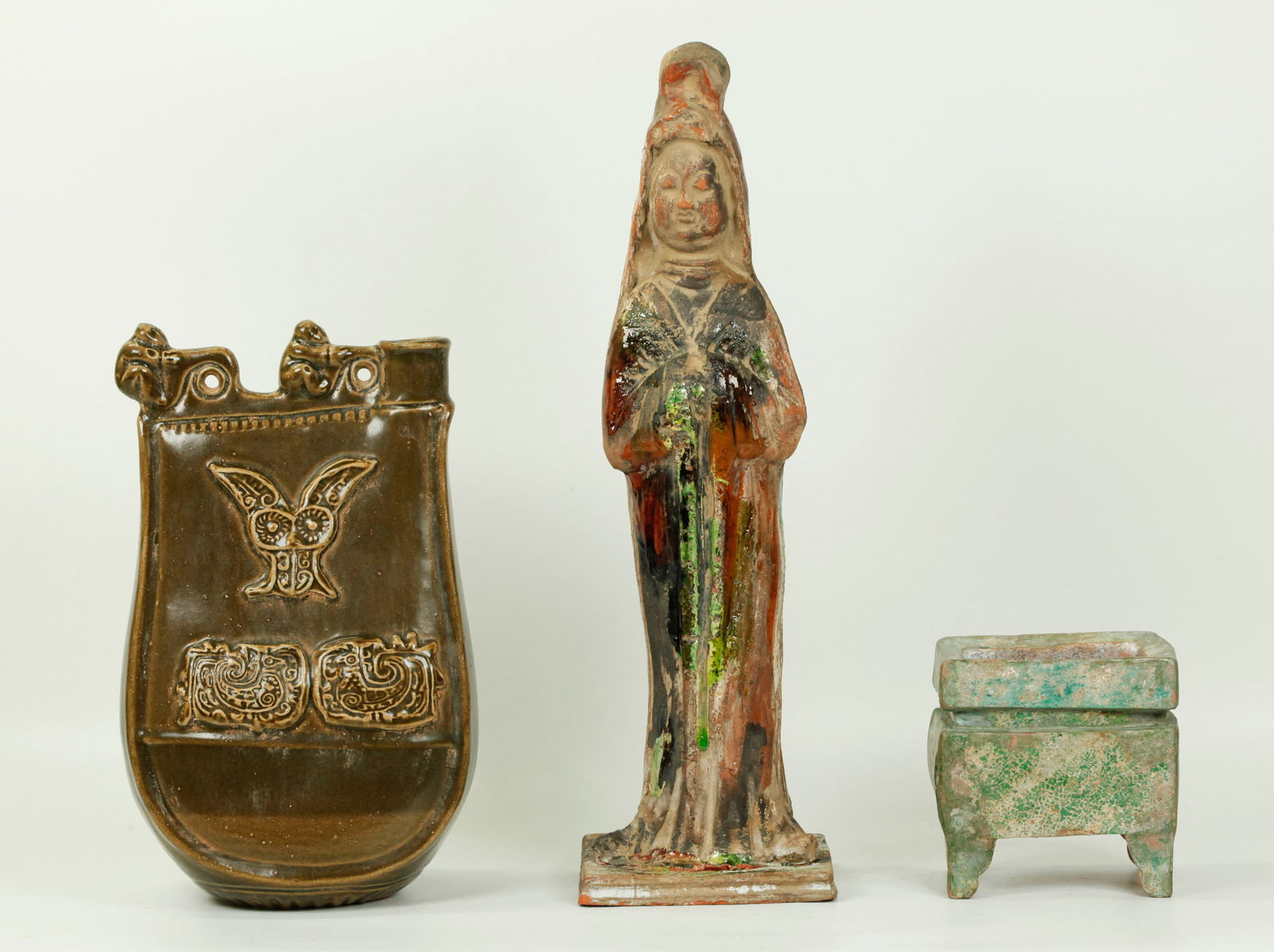 3 Chinese Ceramics: Incense Burner, Flask, Figure (1 of 6)