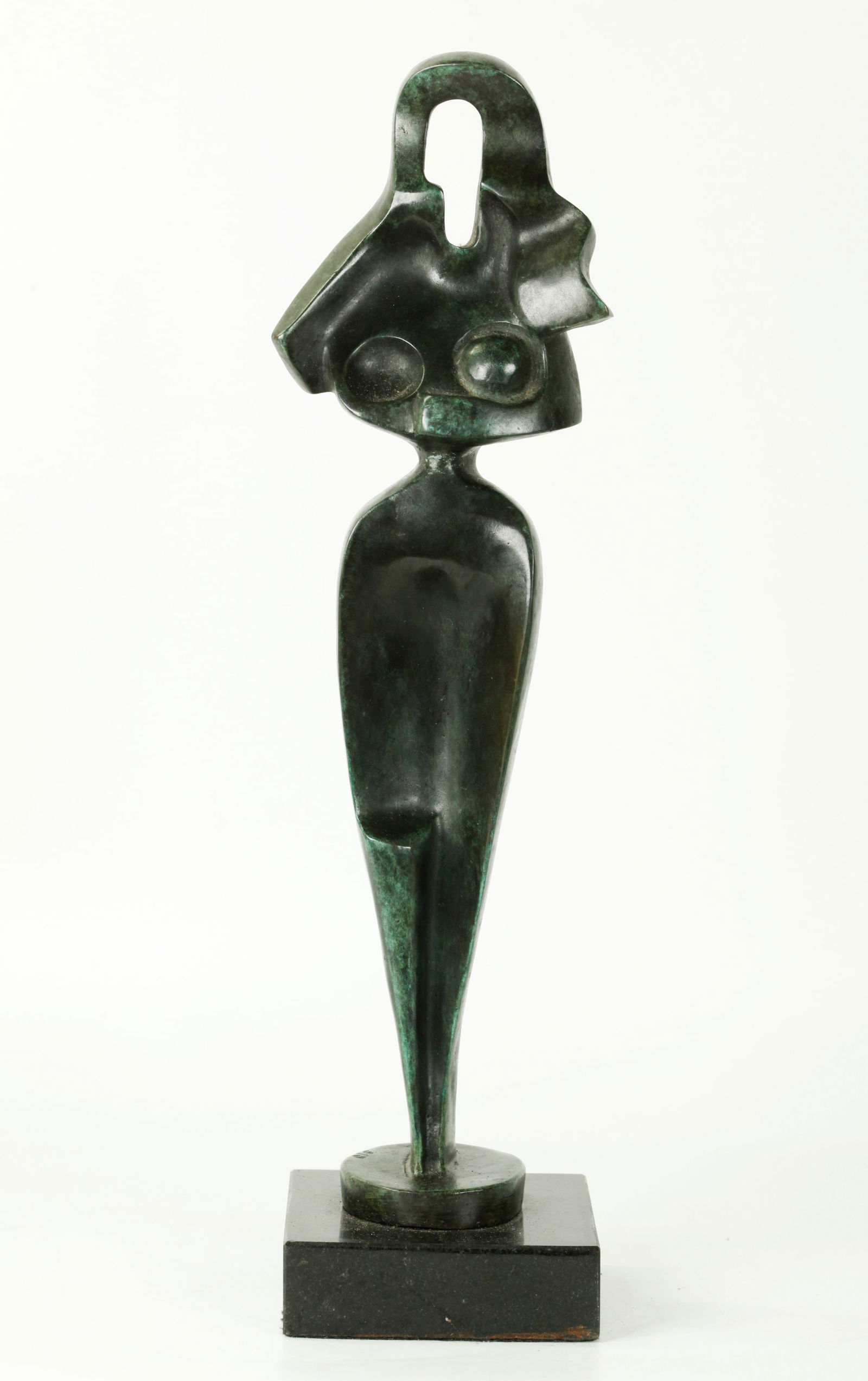 After Archipenko: Bronze Nude Egyptian Motif 1917: After Alexander Archipenko (Ukraine 1887-New York 1964); dark brown & green patina Bronze Nude, Egyptian Motif 1917, signed and dated to side of round bronze base mounted on a black marble base. Heigh