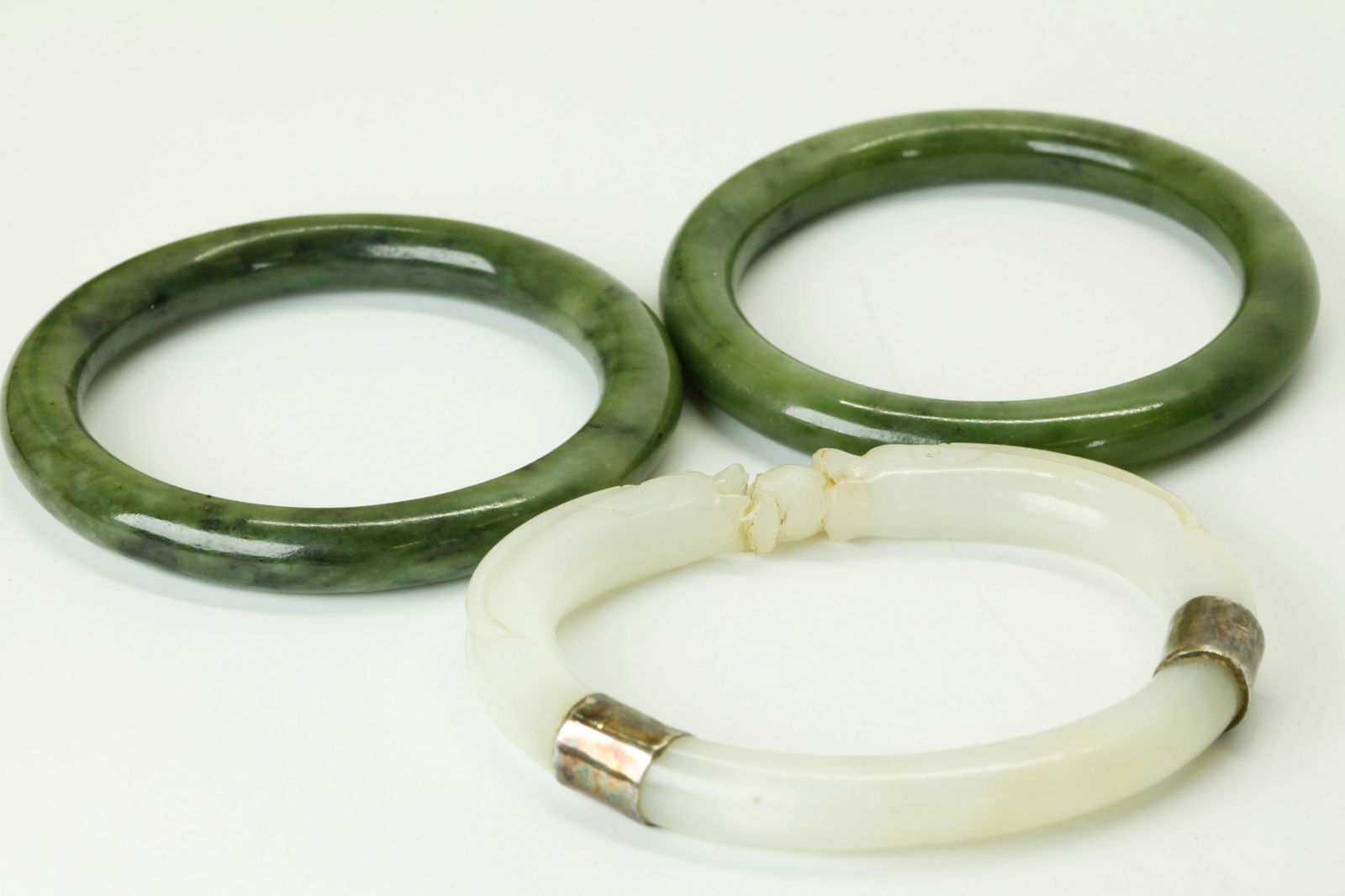 3 Chinese Jade Bangles; 2 Green, 1 White 18th C (1 of 7)