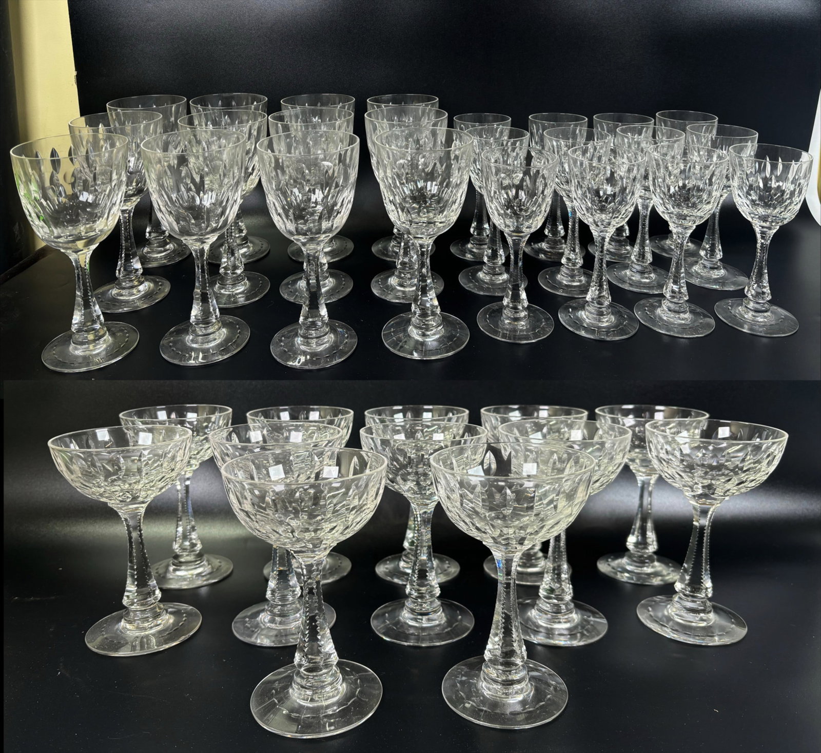36 American Mid Century Cut Crystal Stemware: 36 American Mid Century Cut Crystal Stemware; 12 Water Glasses, 12 Wine Glasses, and 12 Champagne or Compotes. Height of Water Glass 7 1/2 inches (19 cm.). Height of Wine 6 5/8 inches (16.8 cm.). Heig