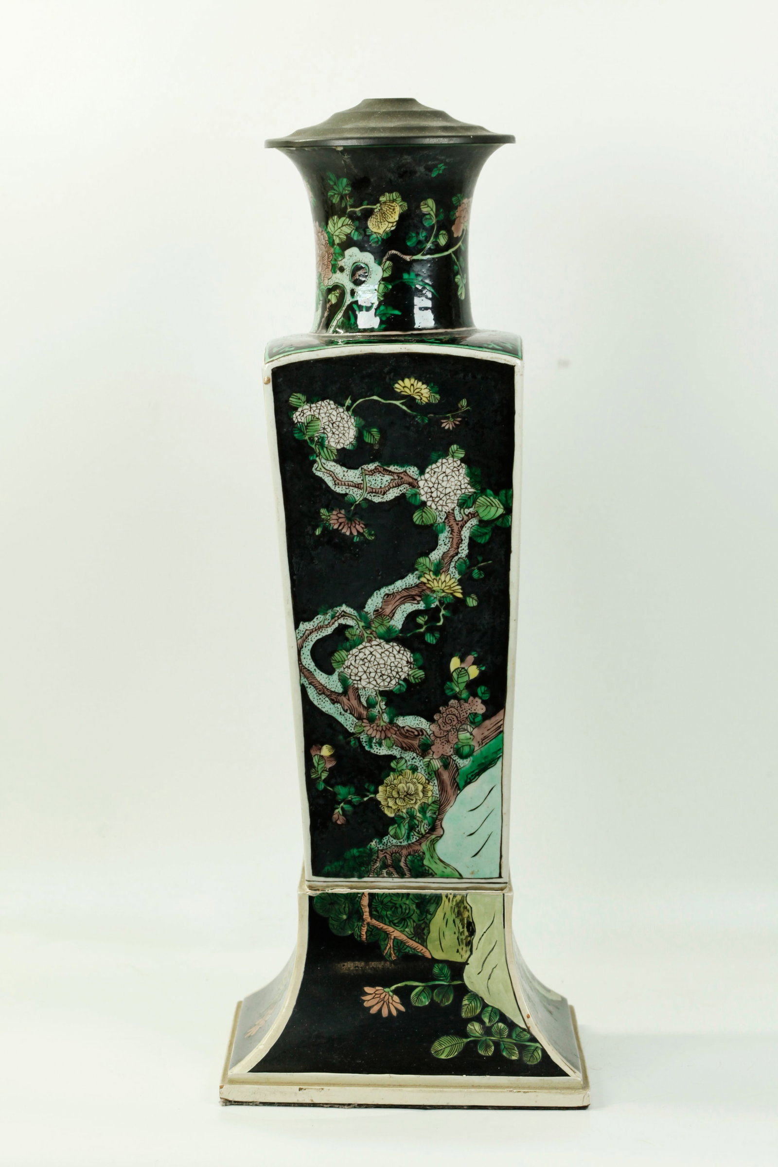 Chinese 19 C Famille Noire Biscuit Porcelain Vase: Chinese 19th Century (see note) Famille Noire enamel over Biscuit Porcelain 4 sided Vase, each side with Flowers of the 4 Seasons, the unglazed square base with a recessed center square with clear gla