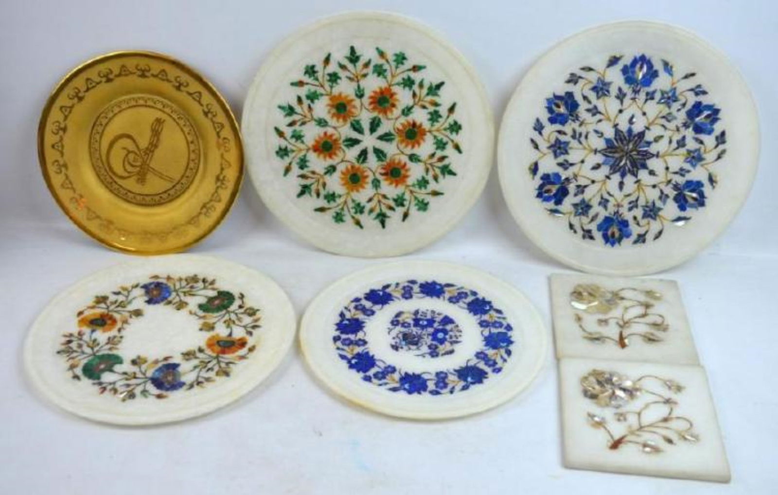6 Inlaid Agra Marble Plates; 1 Gilt Glass Dish (1 of 6)