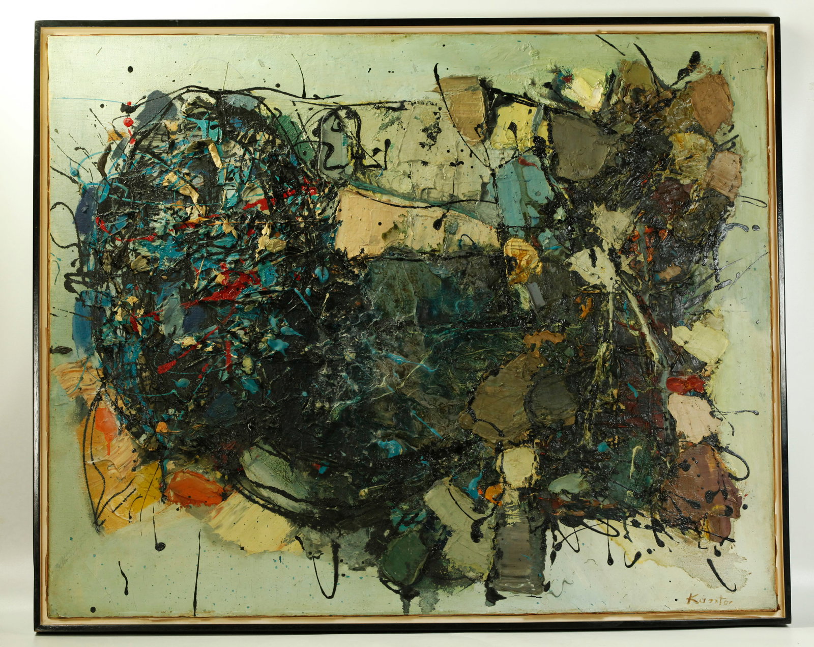 Tadeusz Kantor; Poland XI 58; Oil on Canvas: Tadeusz Kantor (1915-1990); signed to lower right corner recto and inscribed to back of canvas in black paint over turquoise paint, "T.Kantor /Cracovie/XI 58; abstract heavy impasto Oil on Canvas on s