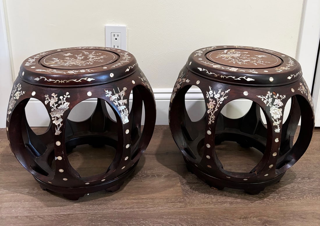 Chinese Shell Inlaid Hardwood Stools on 8 Feet (1 of 9)