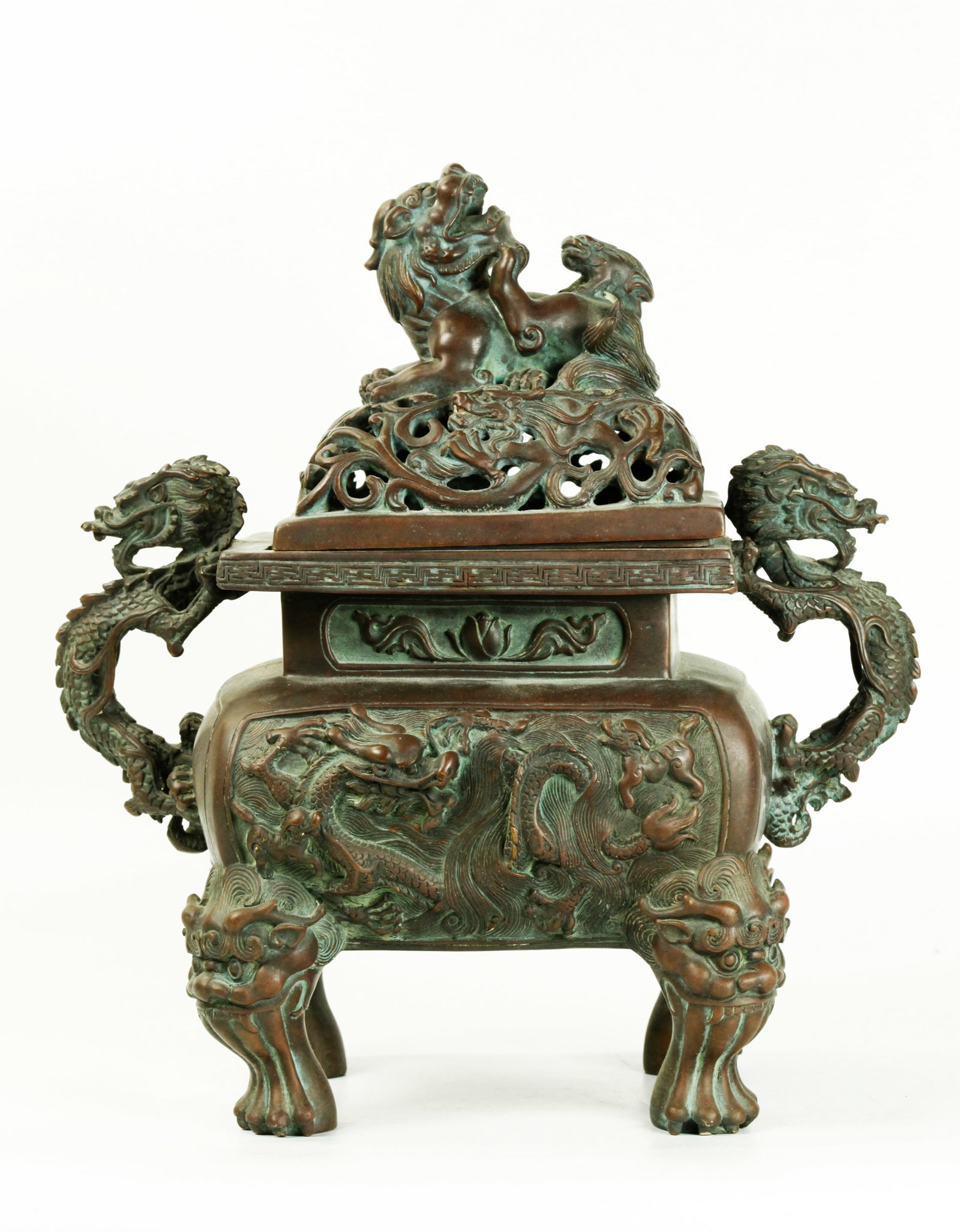 Chinese 4 Side Heavy Cast Bronze Incense Burner (1 of 5)