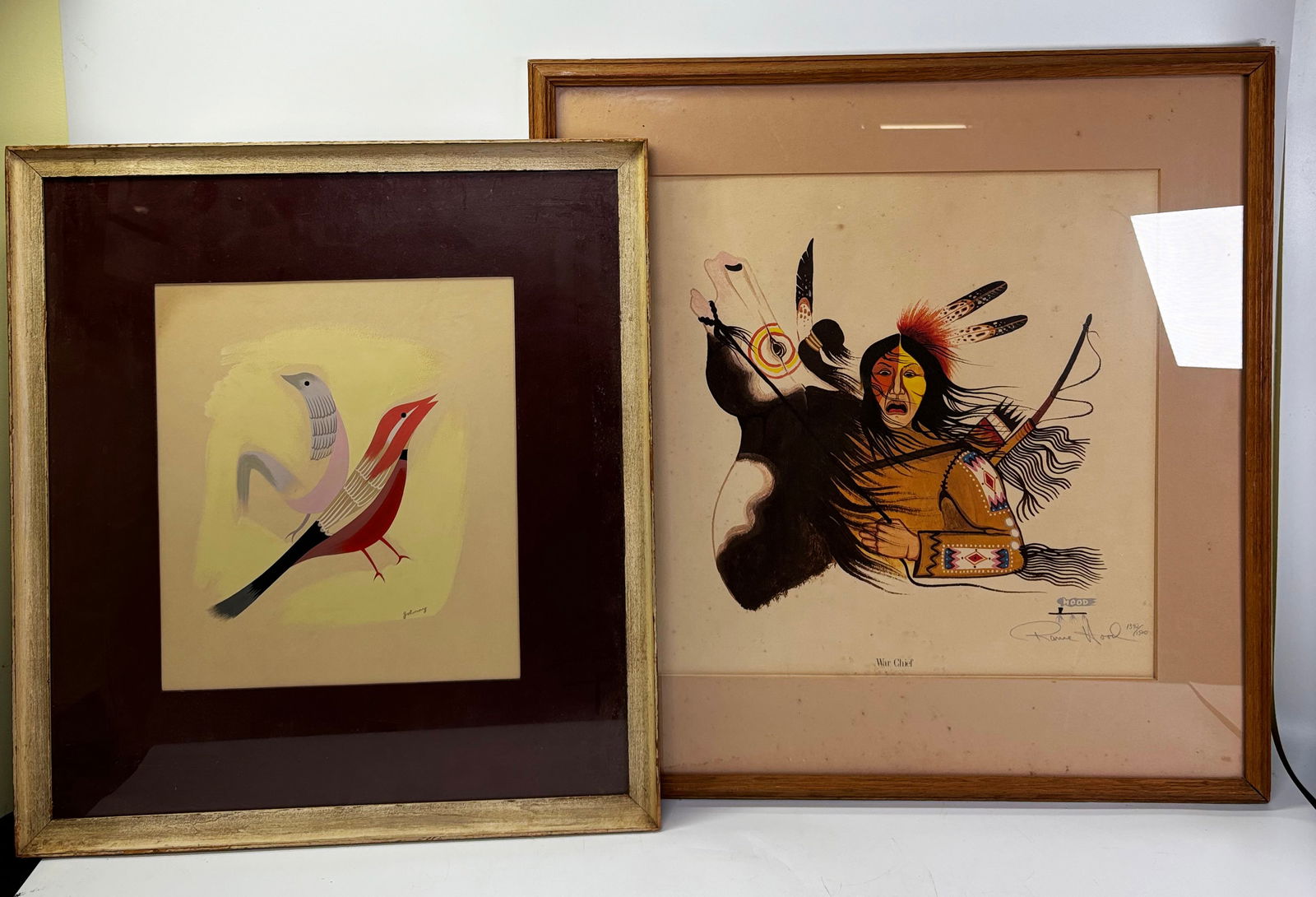 2 Native American Art; Rance Hood & Johnny: 2 Native American Art Works; Rance Hood (Native American b. 1941), "War Chief" 1392/1500, matted and framed; together with "Johnny" brush painting on paper in gouache of 2 birds; matted and framed. Vi