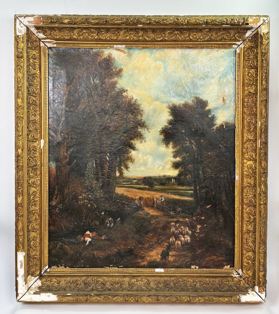 After Constable; The Cornfield Oil Canvas; Framed: After John Constable; "The Cornfield" Oil on Canvas on stretcher; Framed. Height of art 29 1/2 inches (75 cm.) X width of art 25 inches (63.5 cm.). PROVENANCE: From Manhattan Private Collection. NOTE: