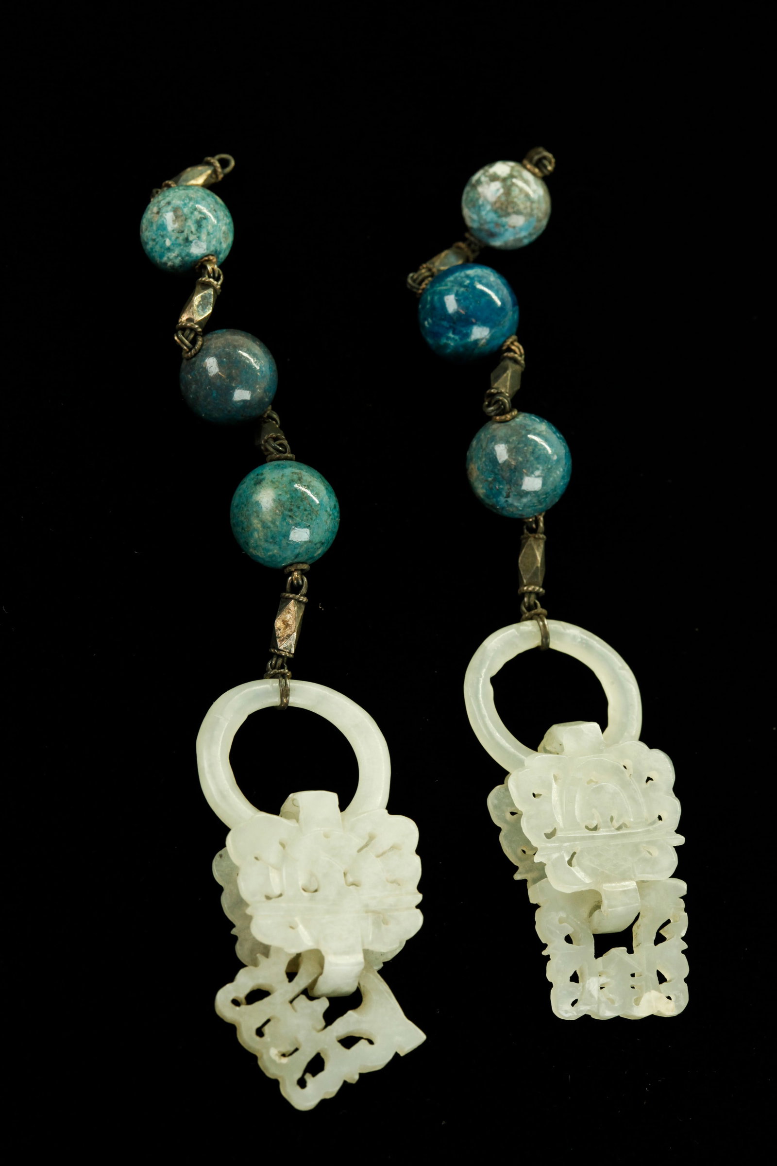 Chinese Qing 3 Pt White Jade & Blue Stone Earrings (1 of 5)