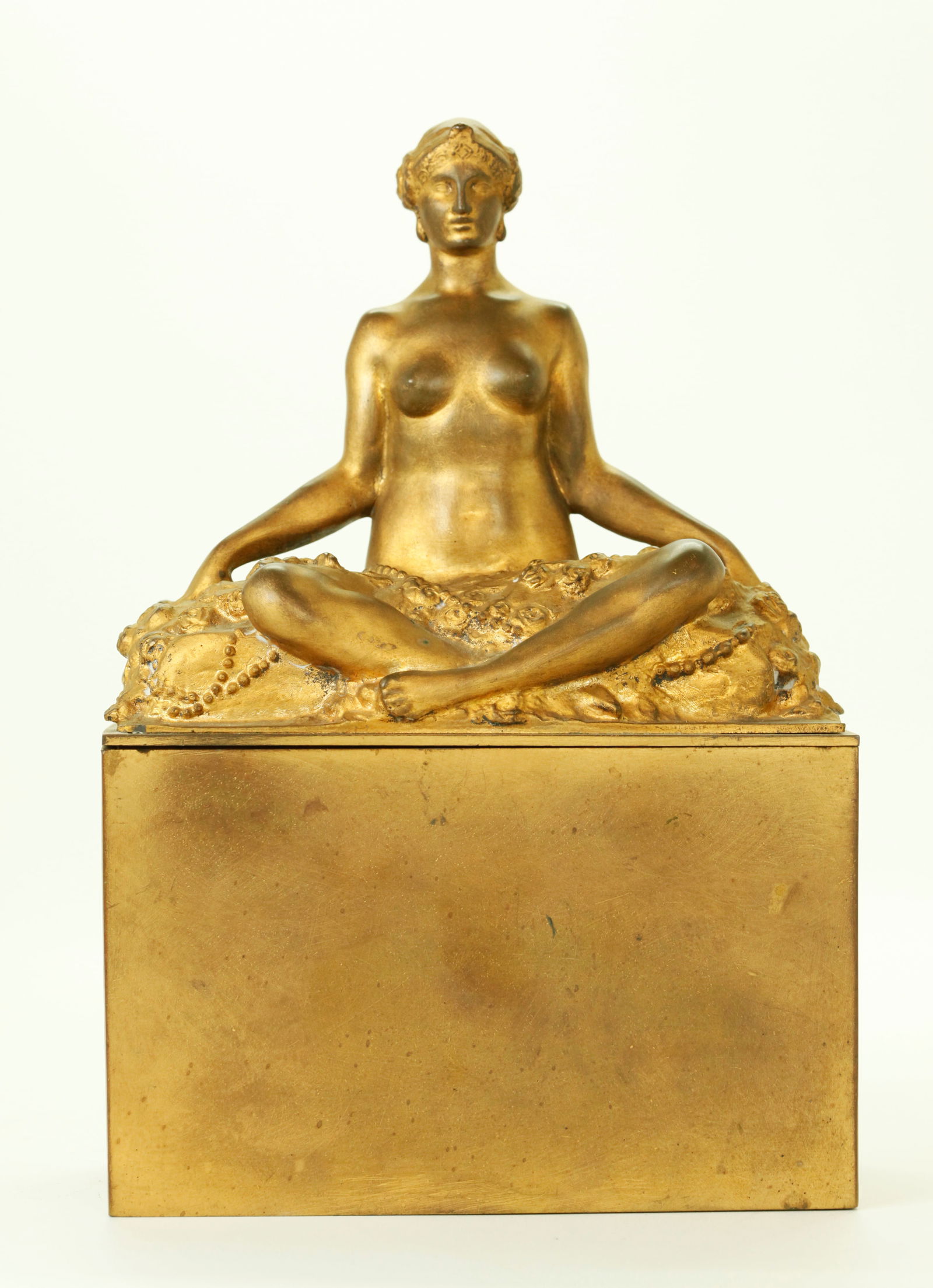 Simeon Foucault Art Deco Gilt Bronze Figure & Box: Simeon-Charles-Joseph Foucault (France 1884-1923); Meditating female Nude circa 1900, signed to back, "Susse Freres Ed Paris - S Foucault", the sculpture lifts from the block base to reveal a velvet l