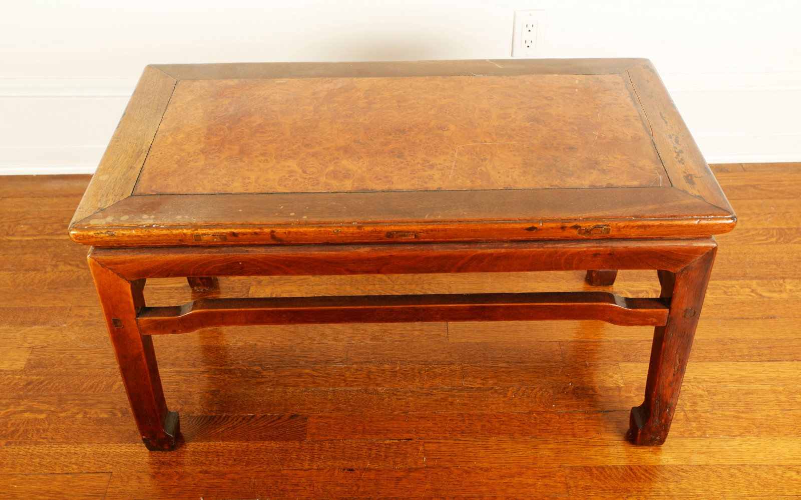 Chinese Yellow Hard Wood & Burl Kang Table: Chinese Hard Wood & Burl Kang Table with mortise & tenon rails between the legs.. Height 19 1/4 inches ( 49 cm.) X width 35 inches ( 89 cm.) X depth 19 inches ( 48 cm.). PROVENANCE: Fine furnishings f