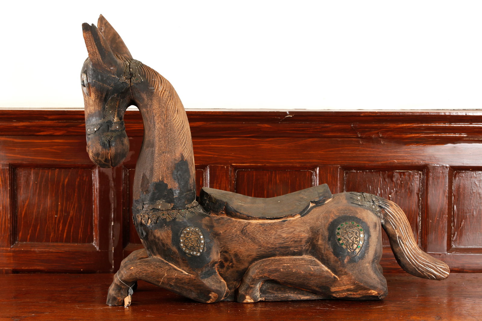 Lg SE Asian Wood Seated Temple Horse & Saddle (1 of 6)
