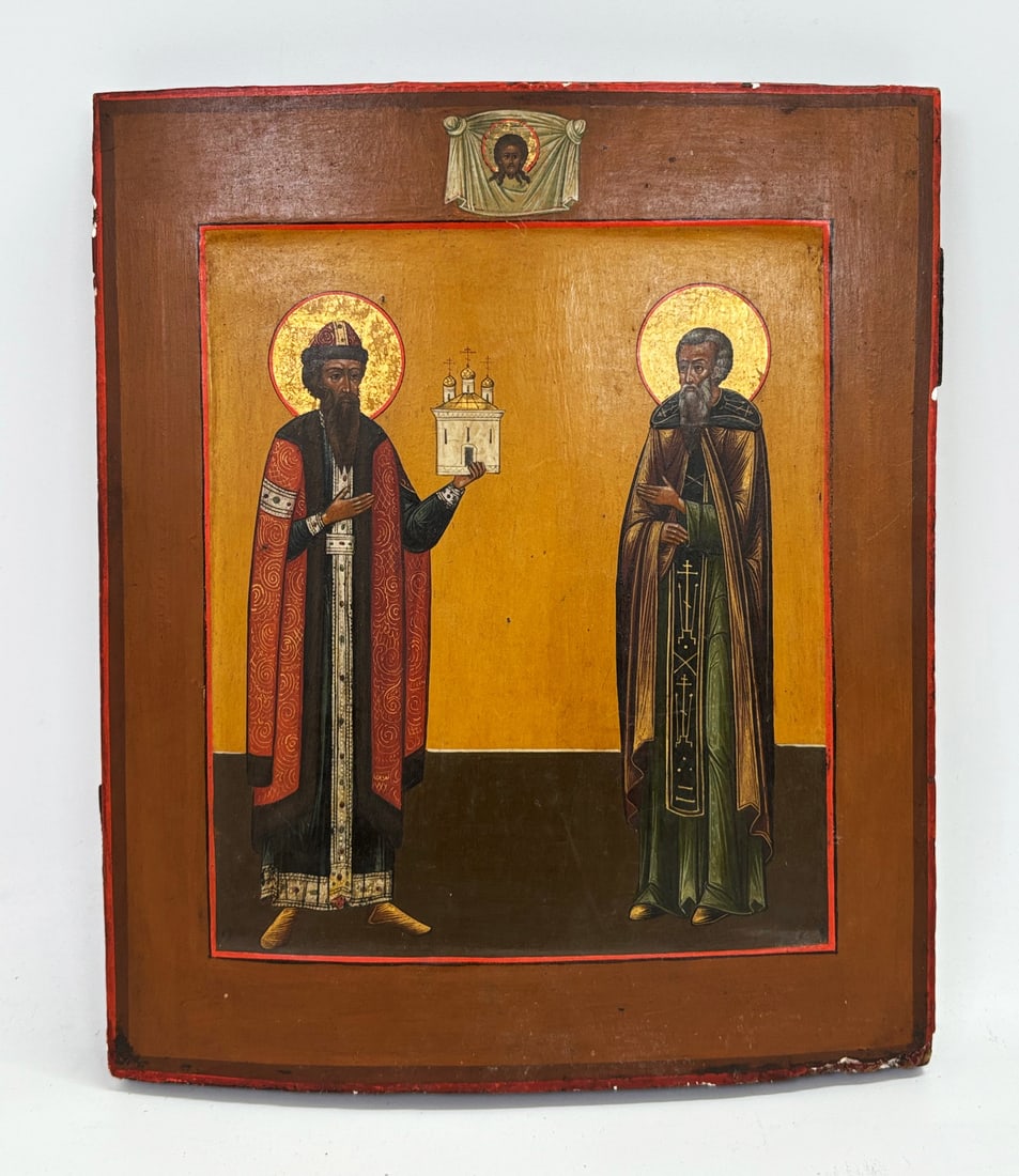 Russian Icon; 2 Saints & Miracle Veil; Wood Panel (1 of 4)