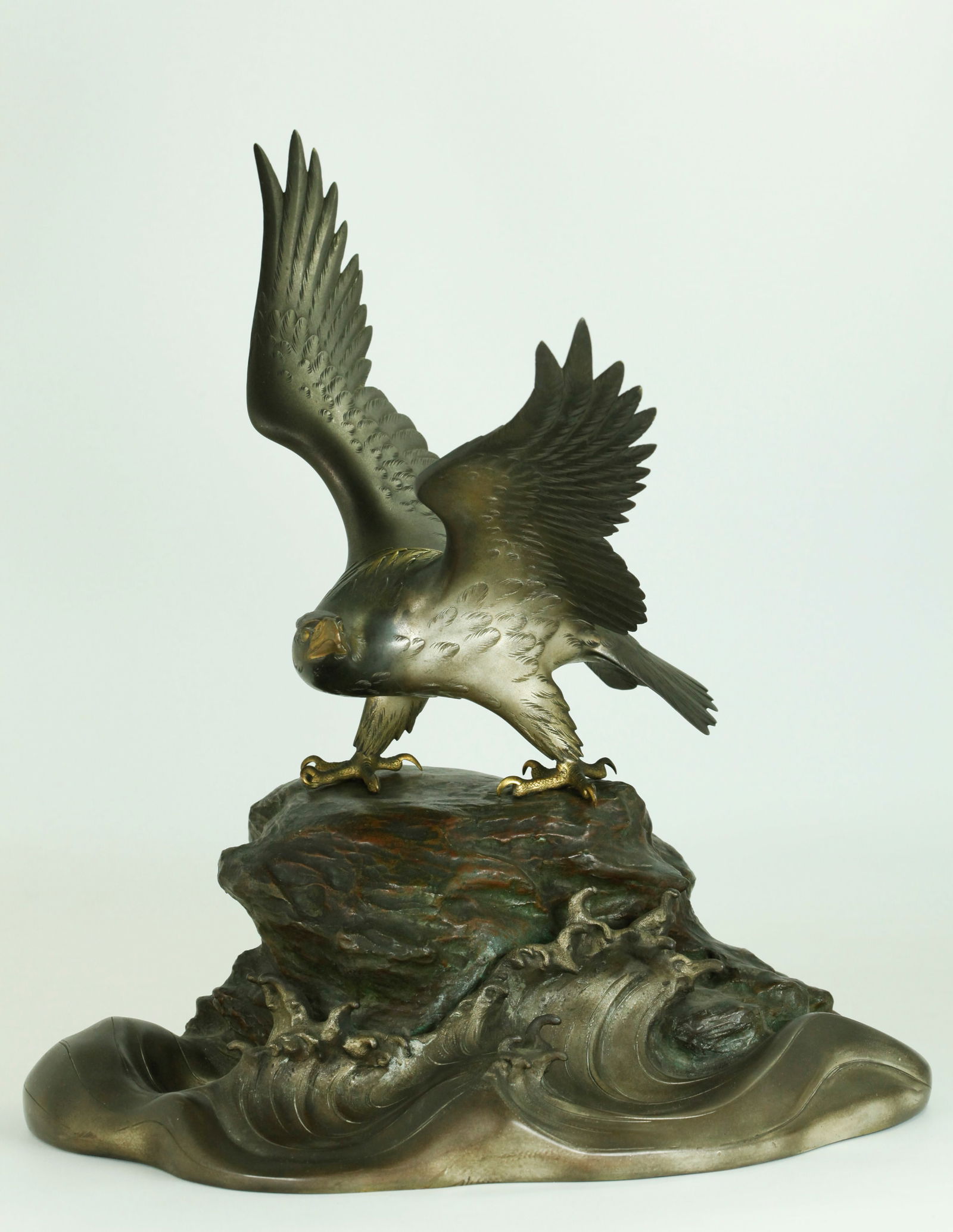 Japanese Patinated Bronze Hawk on Rock in Waves (1 of 7)