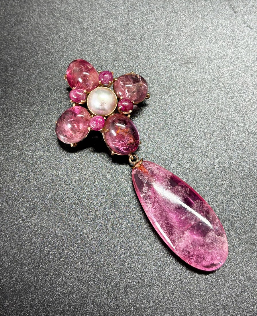 Cabochon Pink Tourmaline, Ruby & Pearl Pin (1 of 7)