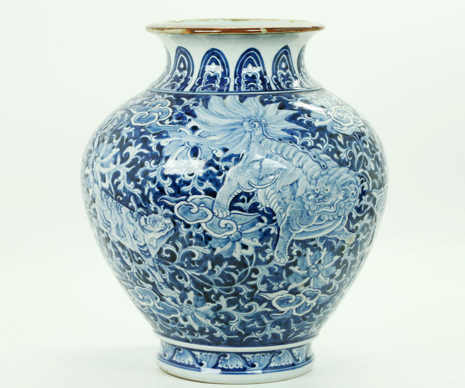Chinese Carved Blue & White Porcelain Animal Vase (1 of 5)