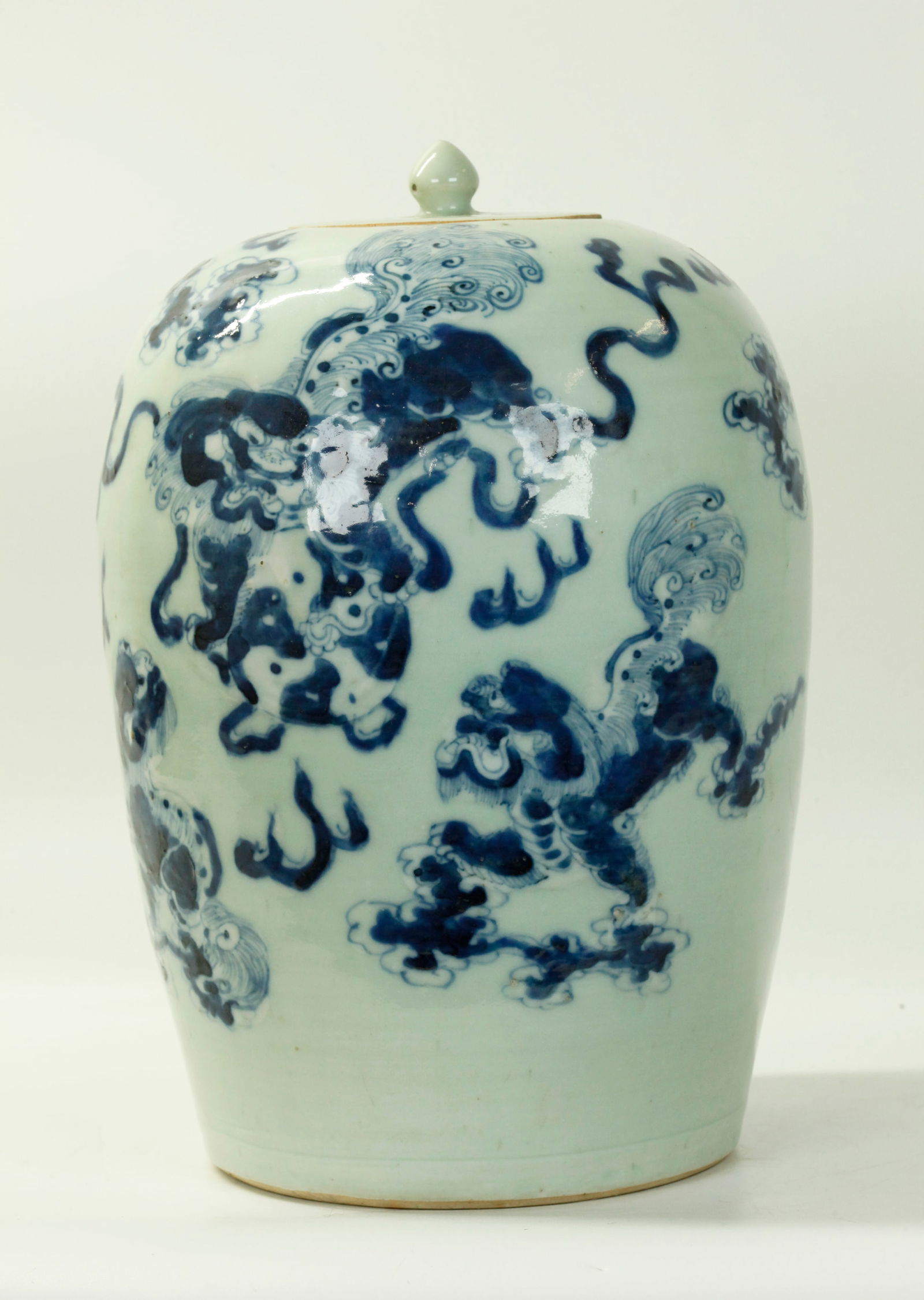 Chinese 19 C Blue & Celadon Porcelain Fu Dog Jar (1 of 5)
