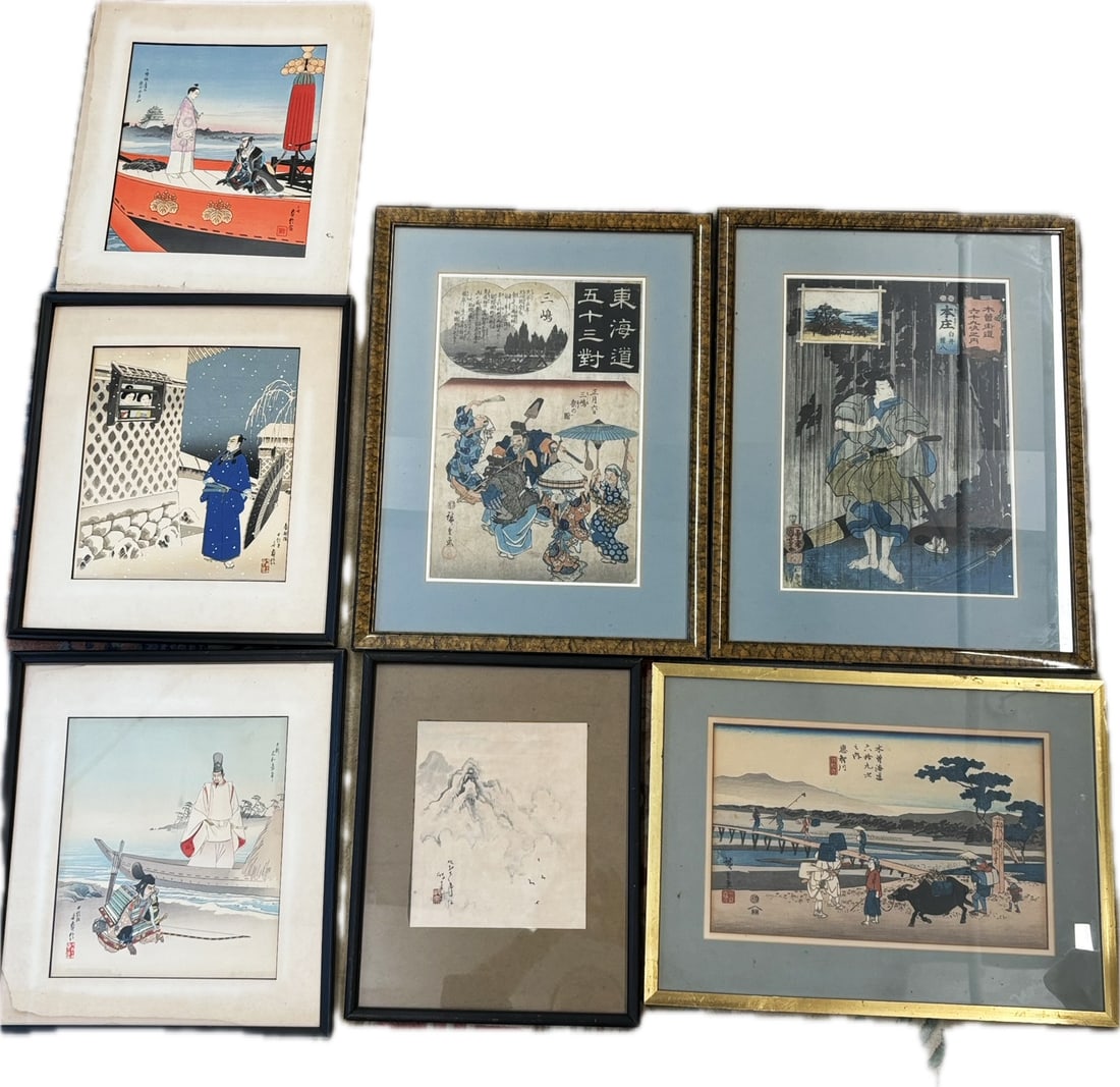 6 Japanese Woodblock Prints; 1 Small Painting (1 of 8)