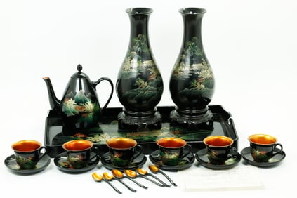 Chinese 1982 Fujian Lacquer Tea Set & Pr Vases