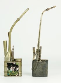 2 Chinese Tobacco Pipes; Sterling & White Bronze
