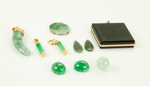 9 Chinese Jadeites; 1 Tea Quartz 14K Seal Pendant