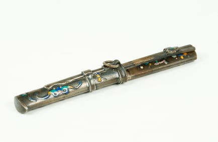 Chinese Mini Silver & Enamel Knife Chopstick Set