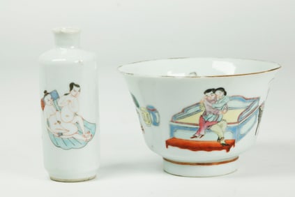 2 Chinese Erotic Porcelains: Bowl & Snuff Bottle