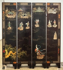 Chinese 4 Panel Inlay Lacquer Heavenly Screen