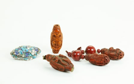 4 Chinese Qing Fruit Pit Carvings Silver Pin