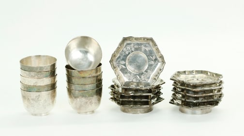 10 Chinese Silver Cups & 10 Matching Stands; 668G