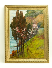 Cesare Bentivoglio; Oil on Board, Flowering Trees